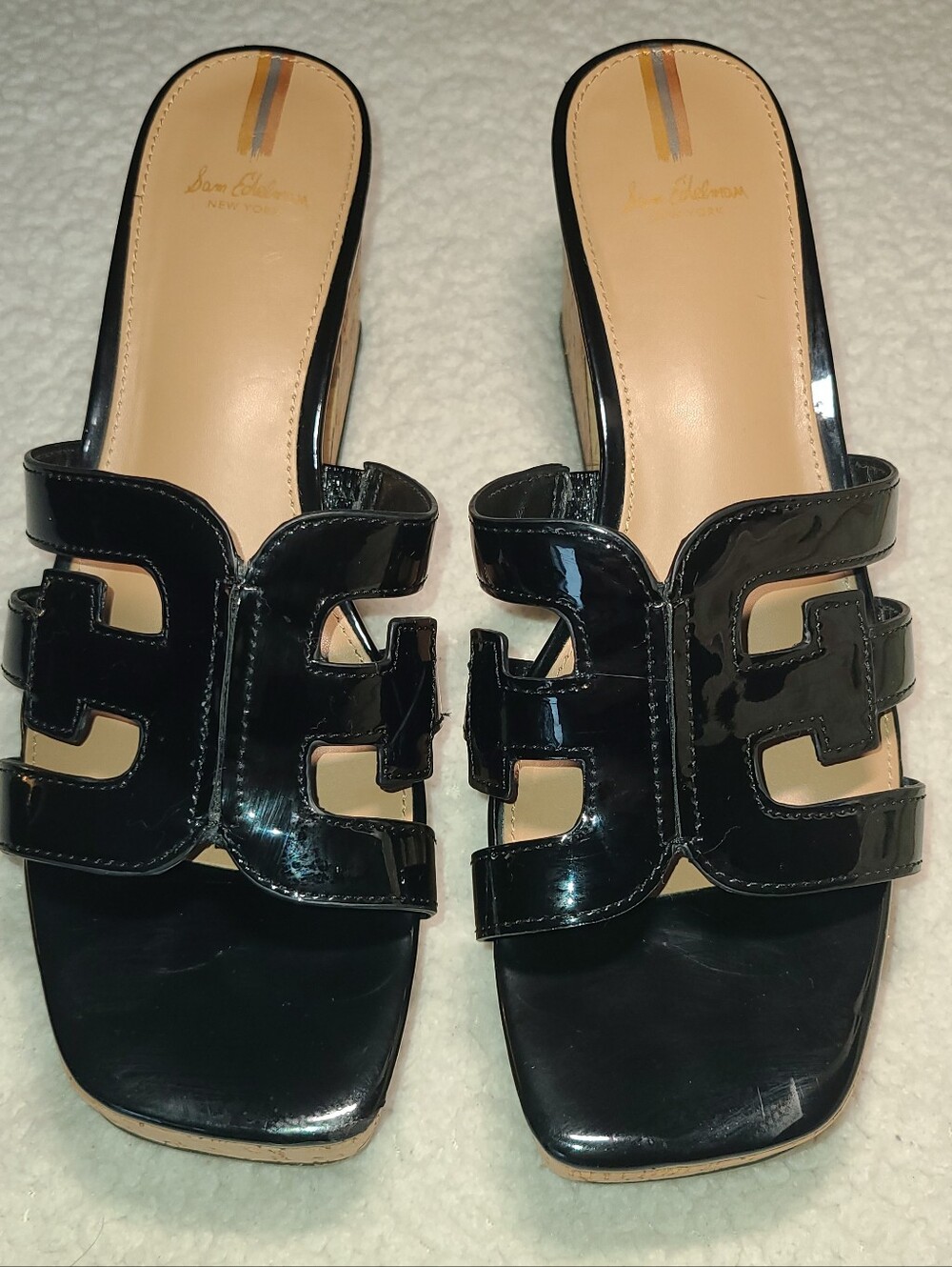 Sam Edelman Logo Patent Leather Cork Wedge Platform Sandal Mule 9.5W Minimalist